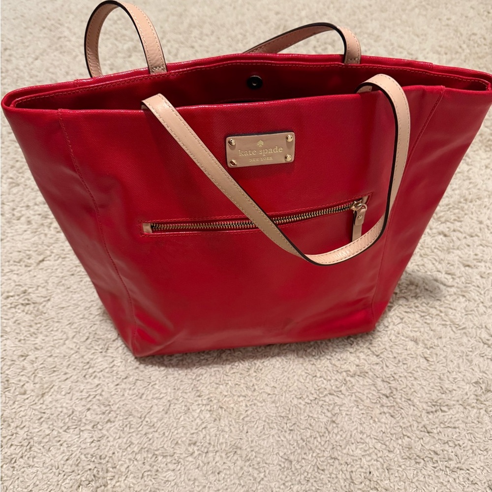 kate spade Red Tote with Cream Handles and Gold Hardware